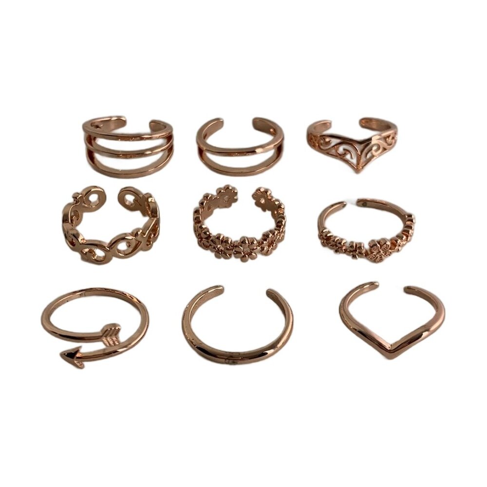 Set of 9 Toe Rings Rose Gold Tone Flower Arrow Filigree